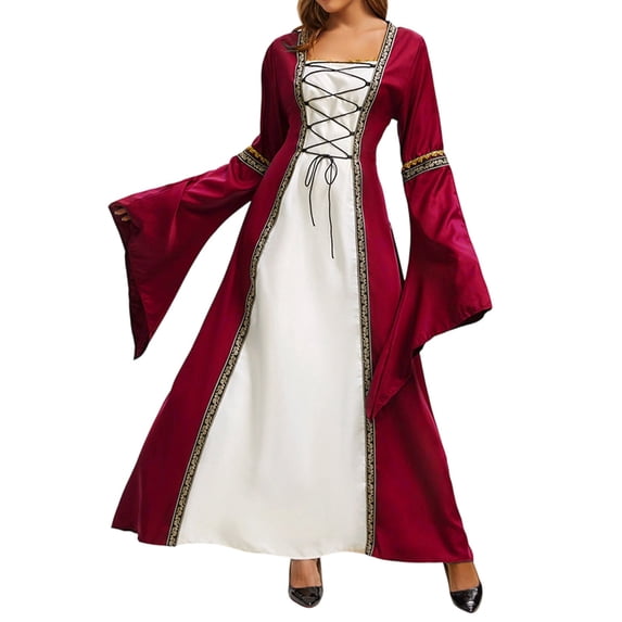 UPPADA Medieval Corset Dress Women Lace Up Ren Fair Dress Retro Peasant Victorian Ball Gown Halloween Costume Red,XXL