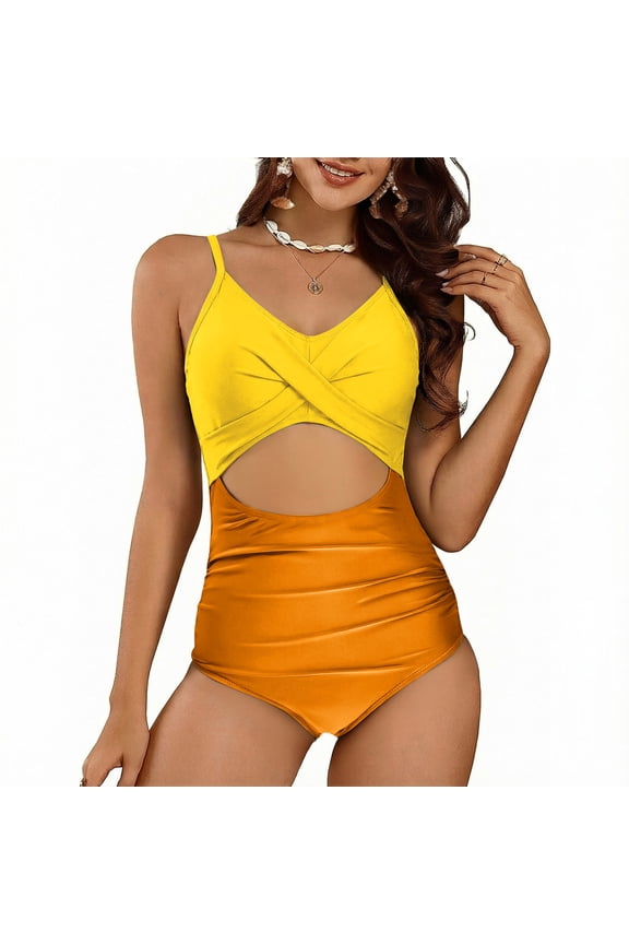 One Piece Bathing Suit Tummy Control Cute Striped Swimsuit Built in Bra Cheeky Bathing Suits High Waisted Spaghetti Strap One Piece Swimsuit Yellow,XXL