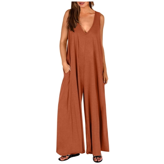 UPPADA One Piece Jumpsuits for Women Casual Sleeveless Spaghetti Strap Rompers Boho Wide Leg Jumpsuits Overalls Dressy Trendy Outfits Clothes with Pockets Orange,S