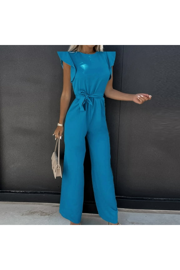One Piece Jumpsuits for Women Womens Fashion Summer Solid Casual Ruffle Short Sleeve Suspender Jumpsuit Enterizos De Mujer Elegantes Largos