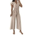 thumbnail image 1 of UPPADA One Piece Sets for Women Summer Outfits Beach Vacation Clothes Travel Outfits V Neck Crop Tops Wide Leg Pant Sets Khaki,XXL, 1 of 5