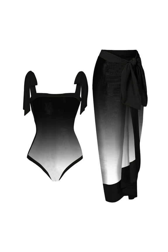 One Piece Swimsuit for Women Retro Floral Print Tie Bathing Suit With Beach Cover Up Wrap Skirt Two Piece Bikini Set