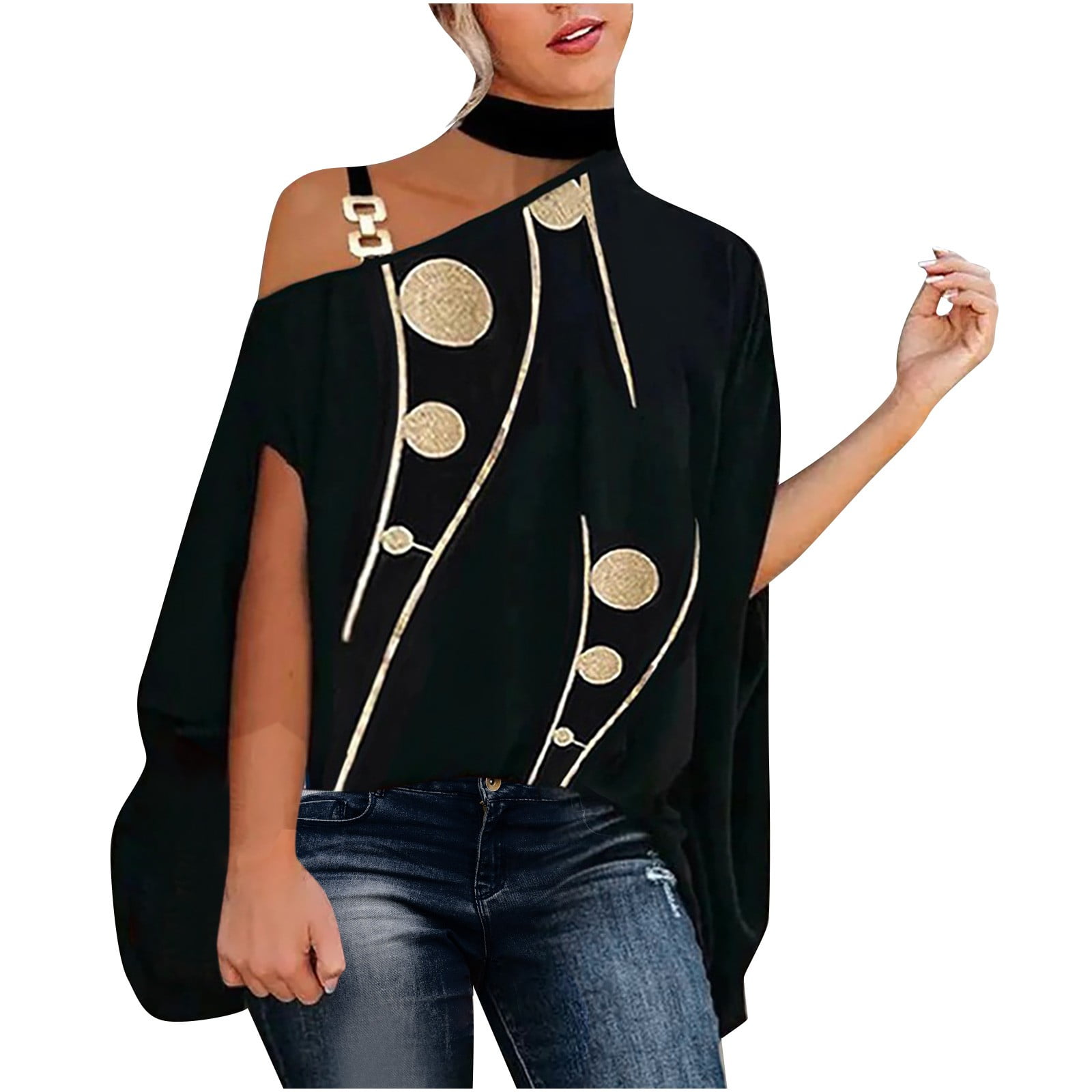 UPPADA One Shoulder Shirts For Womens Halter Neck Tops Half Batwing ...
