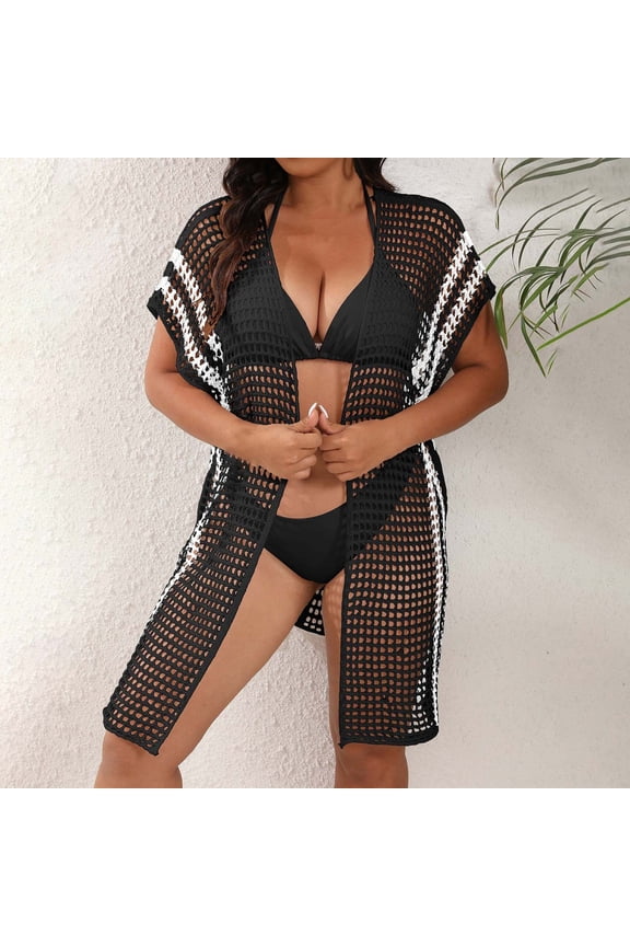 Open Front Swimsuit Coverup for Women's Flowy Puff Sleeve Kimono Cardigan Loose Cover Up Casual Blouse Tops Black,Free Size