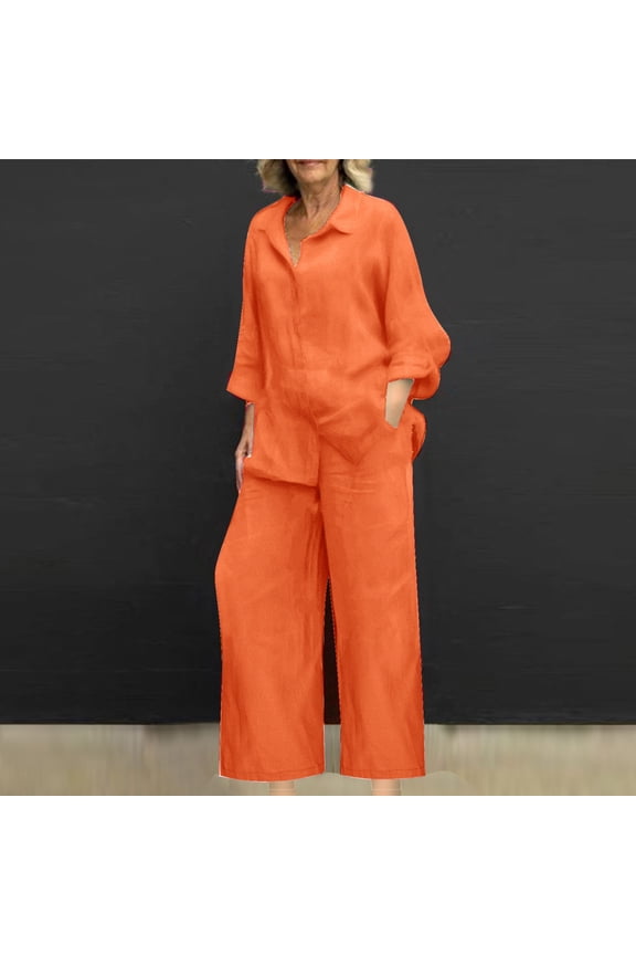 Orange Sweat Set,Linen Shirt and Pants Set for Women 2 Piece Sets Fall Clothes Loose Long Sleeve Shirts Wide Leg Pant Matching Set Plus Size Vacation Outfits with Pocekts Orange,XXXXXL