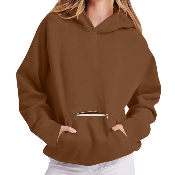 UPPADA Oversized Crewneck Sweatshirt Women Hooded Pullover Sweatshirt Lightweight Long Sleeve Shirts Basic Hoodies with Hidden Pockets Fall Brown,S