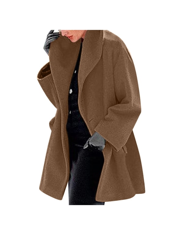 Oversized Hooded Trench Coat for Women Wind Break Knee Length Wool Blend Pea Coats Casual Fall Winter Long Sleeve Loose Overcoat Khaki,M
