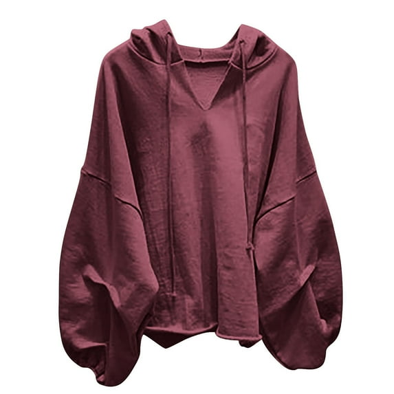 UPPADA Oversized Hoodie Women Fashion Hooded Sweatshirts Trendy Lantern Sleeves Loose Pullover Tops Fall Outfits Wine,S