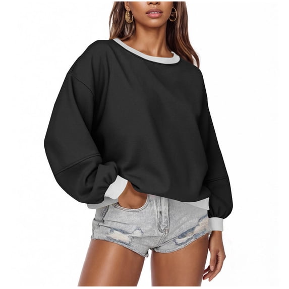 UPPADA Oversized Sweatshirts for Women Loose Fit Comfy Hoodies Ladies Casual Y2k Cute Sweatshirts Solid Pullover Top Fall Black,L
