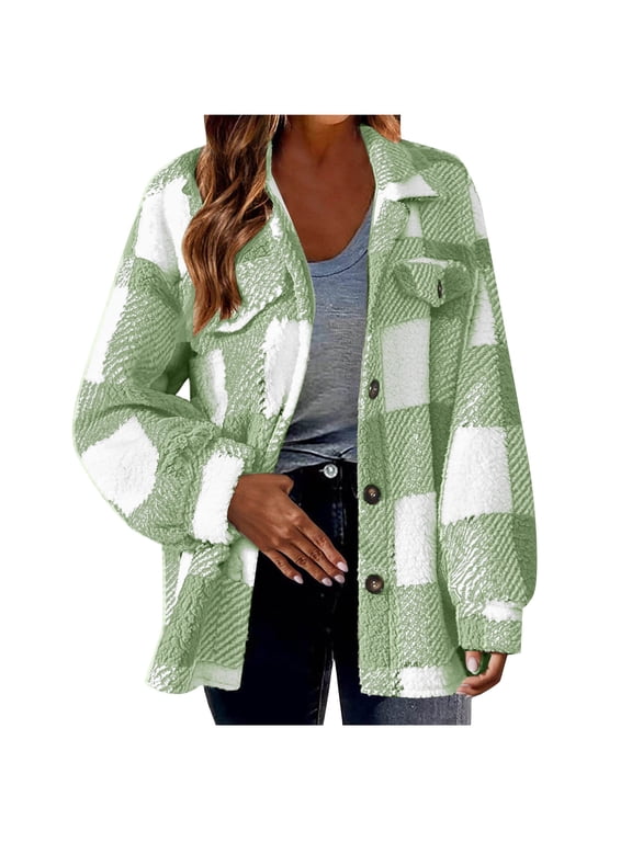 Plaid Flannel Shirts for Women Long Sleeve Button Down Shirts Dressy Open Front Blouses Loose Fit Shirt Coats Roll Up Fall Clothing Mint Green,L