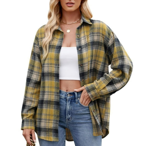 UPPADA Plaid Flannel Shirts for Women Oversized Long Sleeve Button Down Blouses Lapel Plaid Print Tops Plus Size Women Blouses,Yellow S-5xl