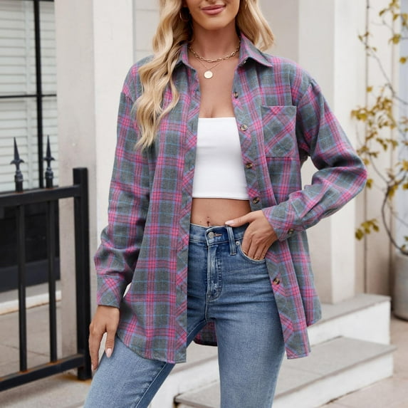 UPPADA Plaid Flannel Shirts for Women Oversized Long Sleeve Button Down Blouses Lapel Plaid Print Tops Womens Plus Size Plaid Shirt,Purple S-5xl