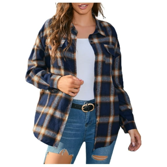UPPADA Plaid Flannel Shirts for Women Oversized Long Sleeve Button Down Shirts Vacation Outfits Blouses Tops with Pocket Dark Blue,XXL