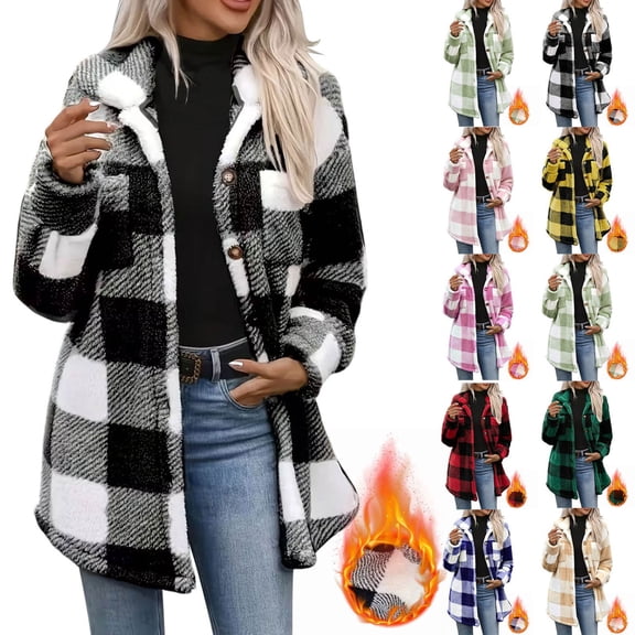 UPPADA Plaid Fleece Jacket Women's Long Sleeve Button Down Lapel Collar Jackets Casual Warm Faux Sherpa Shacket Coat with Chest Pockets,XL