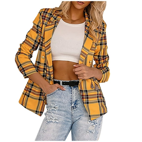 UPPADA Plaid Open Front Jackets for Women Business Casual Lapel Collar Long Sleeve Button Down formal Jackets Office Work Suits Yellow,S