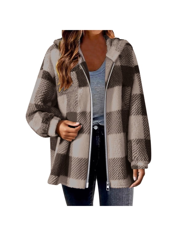 Plaid Sherpa Jacket for Women Fuzzy Fleece Lined Winter Coats Zip Up Shacket Casual Warm Teddy Coat Outwear,Brown Flannel Women,XXL