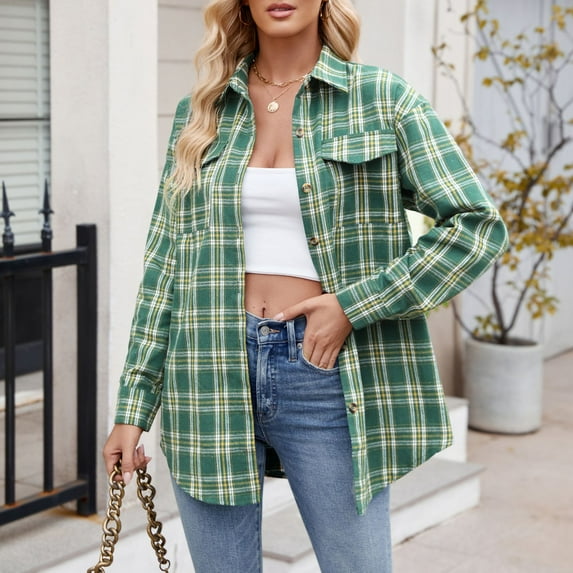 UPPADA Plaid Shirts for Women Long Sleeve Button Down Jacket Oversized Casual Loose Comfy Blouse Top Women Plus Size Plaid Shirts Long Sleeve,Green S-5xl