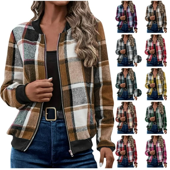 UPPADA Plaid Shirts for Women Zip Up Shackets Jackets Casual Long Sleeve Flannel Jacket Ladies Lightweight Fall Outfits,Brown Flannel Women,L
