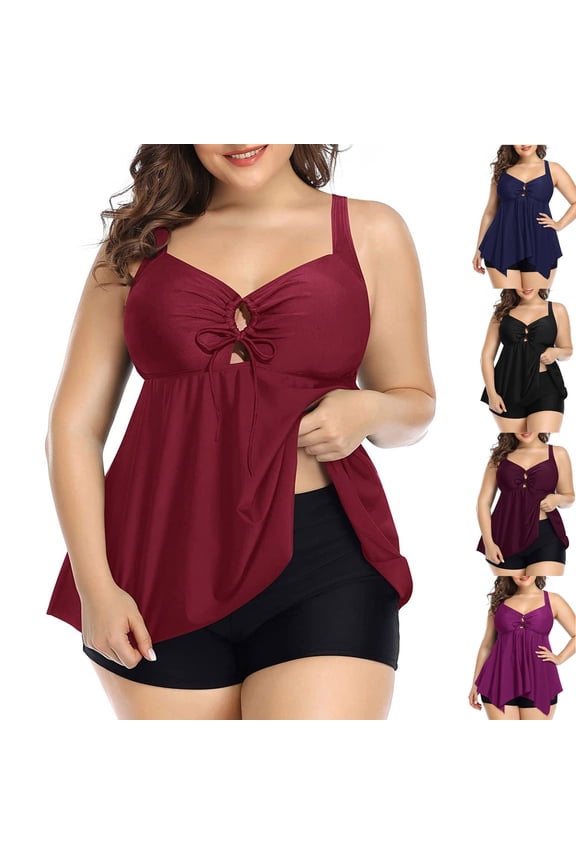Plus Size 2 Piece Bathing Suit for Women Casual Two Piece Tankini Swimsuit Lace up Front Flowy Tummy Control Bathing Suit with Shorts Black,L