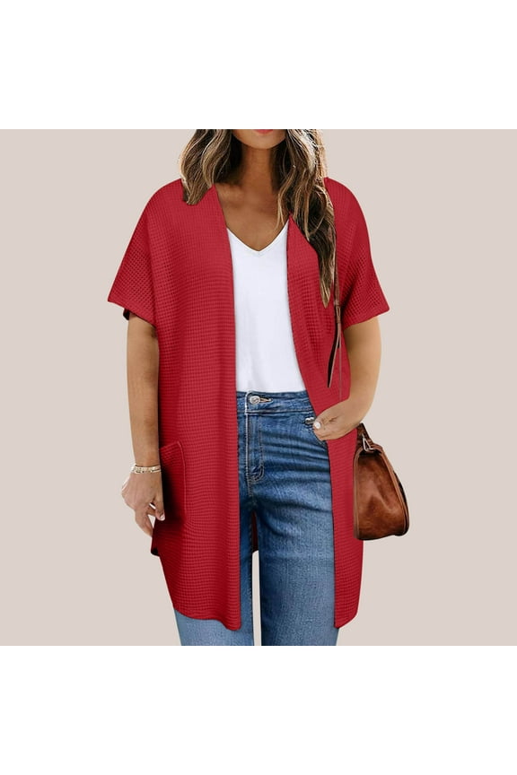 Plus Size Cardigan for Curvy Women Fashion Lightweight Short Sleeve Beach Cover up Kimonos Open Front Knit Outwear with Pockets Red,XXXXL