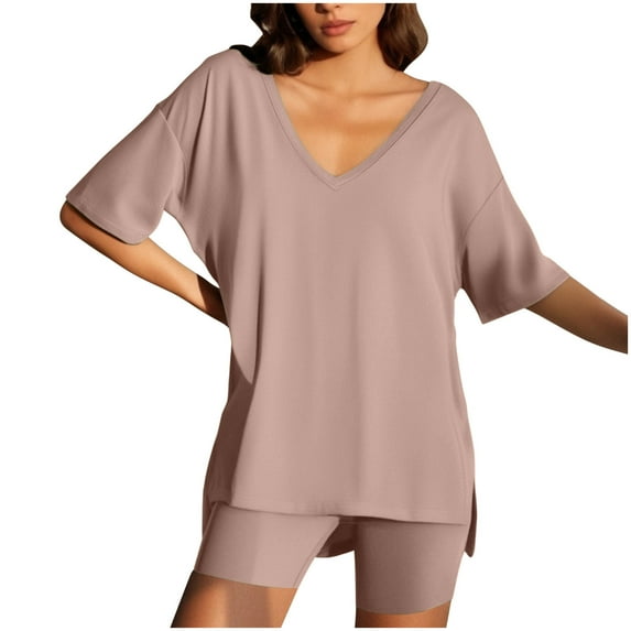 UPPADA Plus Size Casual 2 Piece Sets for Womens Summer Tracksuits Plus Size Two Piece Outfit Solid Tops and Short Sets Beige,M