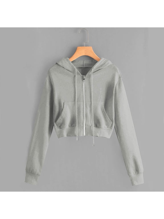 Plus Size Cropped Sweatshirts for Women Trendy Zip Up Hoodies Basic Solid Color Jacket Drawstring Long Sleeve Crop Tops Fall Spring Pullover Tops Zipup Jacket Women Gray,XXL