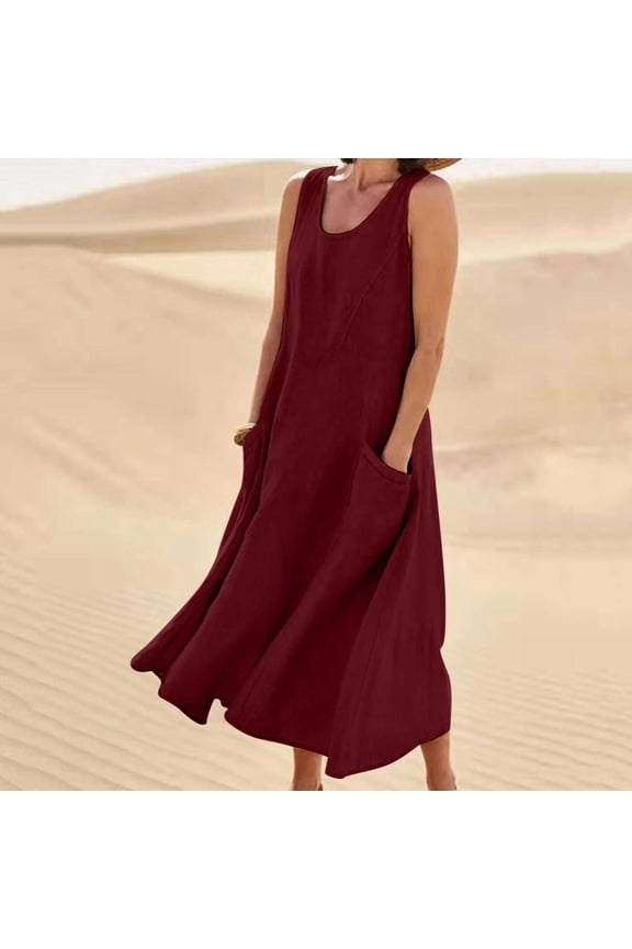 Plus Size Dress for Curvy Women Dressy Causal Trendy Sundresses 2025 Summer Sleeveless Dresses Cotton Linen Flowy Sun Dress Solid Color Button Up Crewneck Dress with Pockets