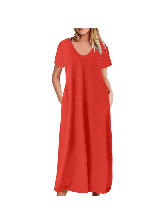 Plus Size Dresses for Women Summer Casual Solid V-Neck Maxi Dress Dressy Boho Party Dress Loose Fit Short Sleeve Solid Dress Orange,XXXXL