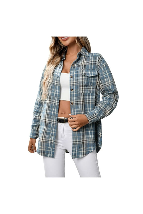 Womens Fall Fashion Flannel Shirt Lapel Neck Regular Long Sleeve Button Down Plaid Shirts Comfy Winter Outwear Tops With Checkered Pockets Fall Blue,XXL