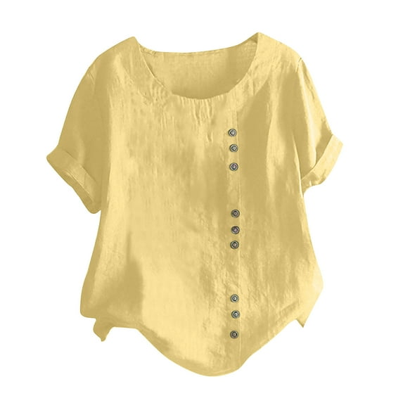 UPPADA Plus Size Linen Tops for Women Trendy Round Neck Tshirts Short Sleeve Cotton Blouses Vintage Summer Basic Tee
