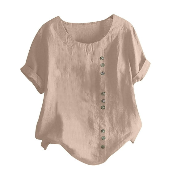 UPPADA Plus Size Linen Tops for Women Trendy Round Neck Tshirts Short Sleeve Cotton Blouses Vintage Summer Basic Tee