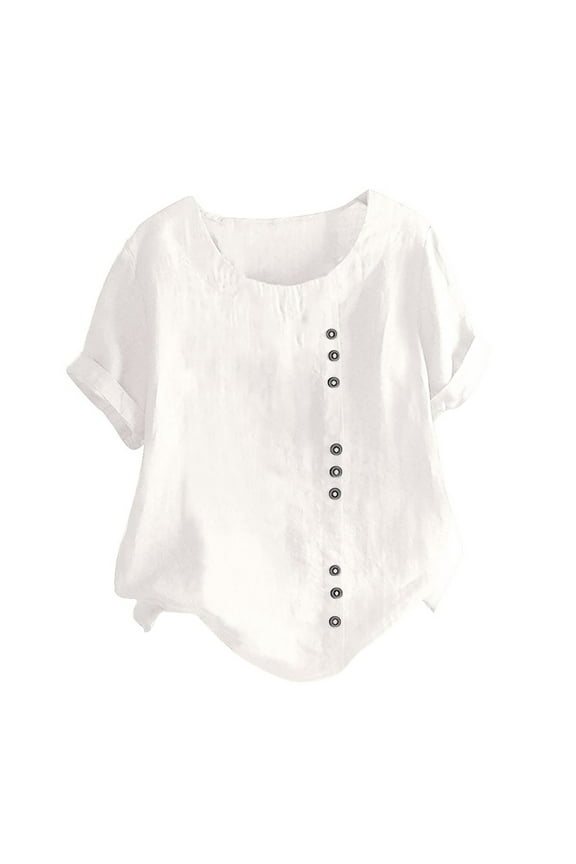 Plus Size Linen Tops for Women Trendy Round Neck Tshirts Short Sleeve Cotton Blouses Vintage Summer Basic Tee