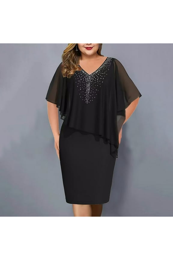 Plus Size Midi Dresses for Curvy Women Wrap Bodycon Dress Summer V Neck Flowy Sleeve Chiffon Dresses formal Wedding Party Dress Mother Of The Bride Gown Black,S