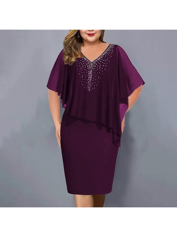 Plus Size Midi Dresses for Curvy Women Wrap Bodycon Dress Summer V Neck Flowy Sleeve Chiffon Dresses formal Wedding Party Dress Mother Of The Bride Gown Purple,XXXL