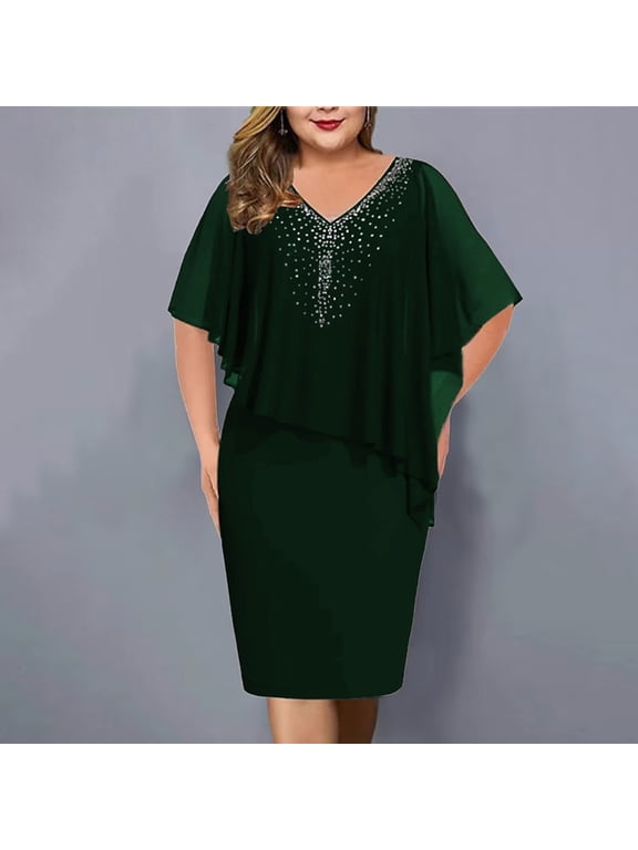 Plus Size Midi Dresses for Curvy Women Wrap Bodycon Dress Summer V Neck Flowy Sleeve Chiffon Dresses formal Wedding Party Dress Mother Of The Bride Gown Green,XXXXXL