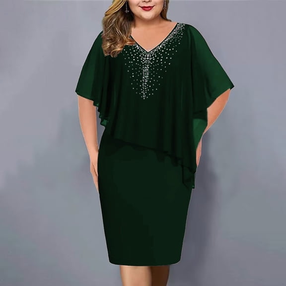 UPPADA Plus Size Midi Dresses for Curvy Women Wrap Bodycon Dress Summer V Neck Flowy Sleeve Chiffon Dresses formal Wedding Party Dress Mother Of The Bride Gown Green,XXXXXL
