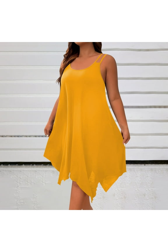 Plus Size Summer Dress for Women Soft Spaghetti Strap Sleeveless Sundress Summer Midi Dress Hawaiian Bohemian Beach Cover up Dress Solid Casual Dress Yellow,XXXXL