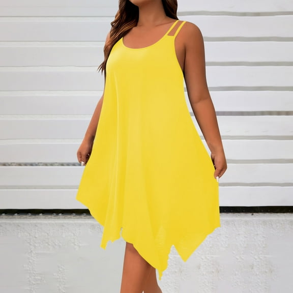 UPPADA Plus Size Summer Dress for Women Soft Spaghetti Strap Sleeveless Sundress Summer Midi Dress Hawaiian Bohemian Beach Cover up Dress Solid Casual Dress Yellow,XXL