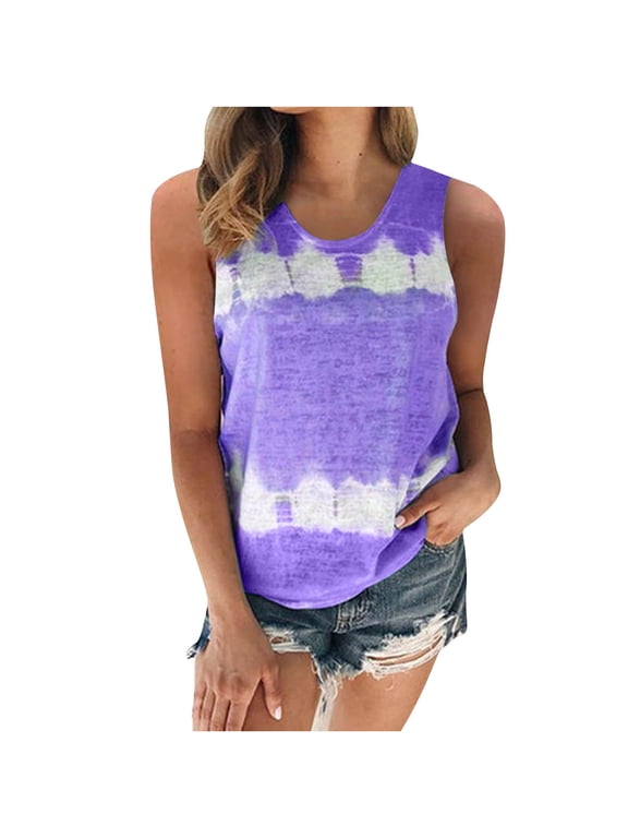 Plus Size Tanks Tops for Women Summer Tie Dye Print Tees Scoop Neck Sleeveless Tanks Shirts Basic Causal Trendy Tanks Tops Flattering Outfits Purple,XXL