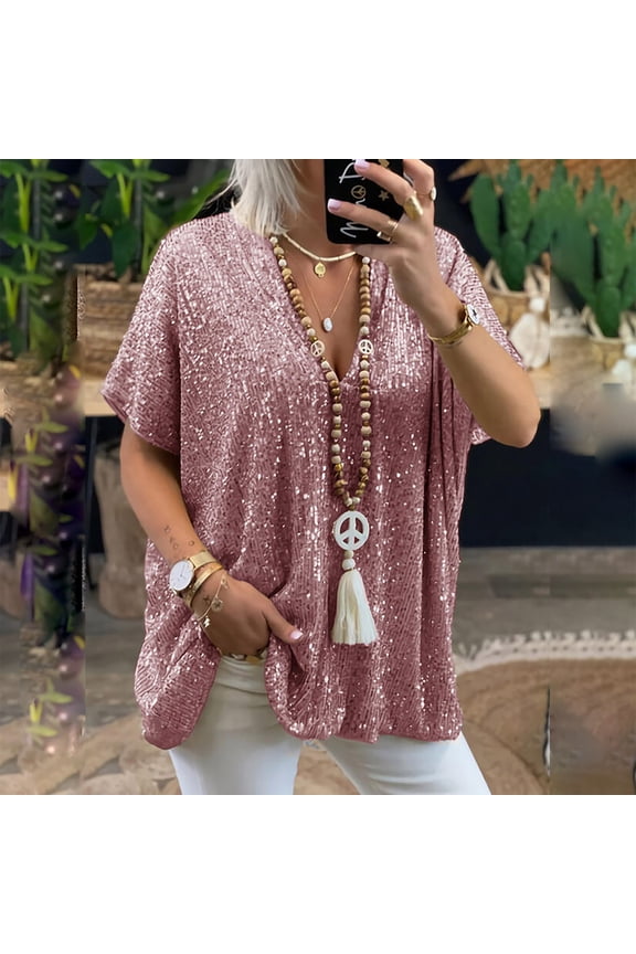 Plus Size V Neck T Shirts Women,Ladies Sparkly Sequin Print Blouse Short Sleeve Blouses Crewneck Cute Tops