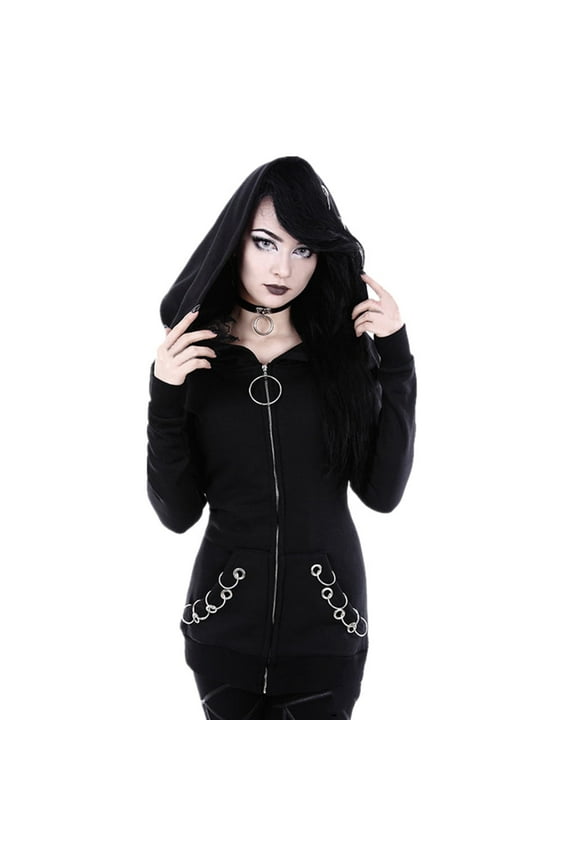 Plus Size Women's Gothic Punk Hoodies Coats Fashion Halloween Long Sleeve Zipper Jacket Black Hooded Goth Sweatshirt