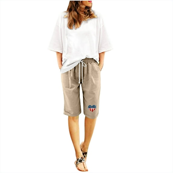 UPPADA Summer Shorts for Women Linen Drawstring Lounge Shorts Stretch Knee Length Short Pants Casual Exercise Sweatshorts Womens Running Shorts