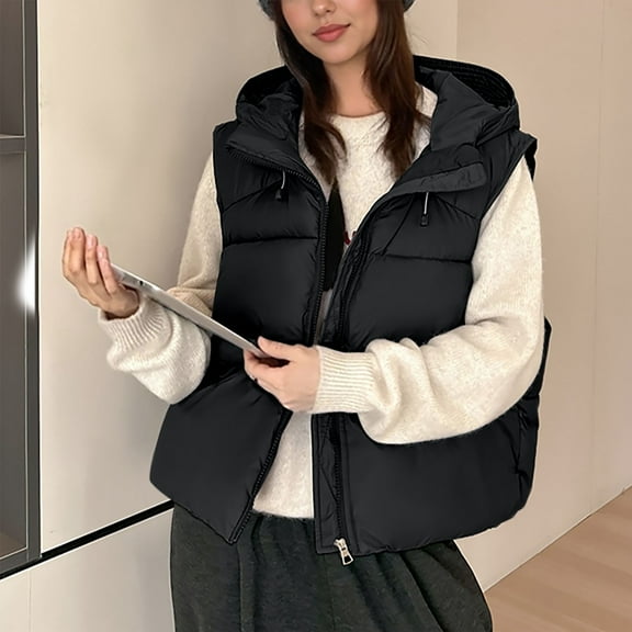UPPADA Puffer Vest for Women Sleeveless Winter Cropped Outerwear Warm Puffer Jackets Lightweight Stand-Up Collar Down with Pockets Women Winter Warm Jacket Ski Snow Thick Hooded Puffer Coat Black,L