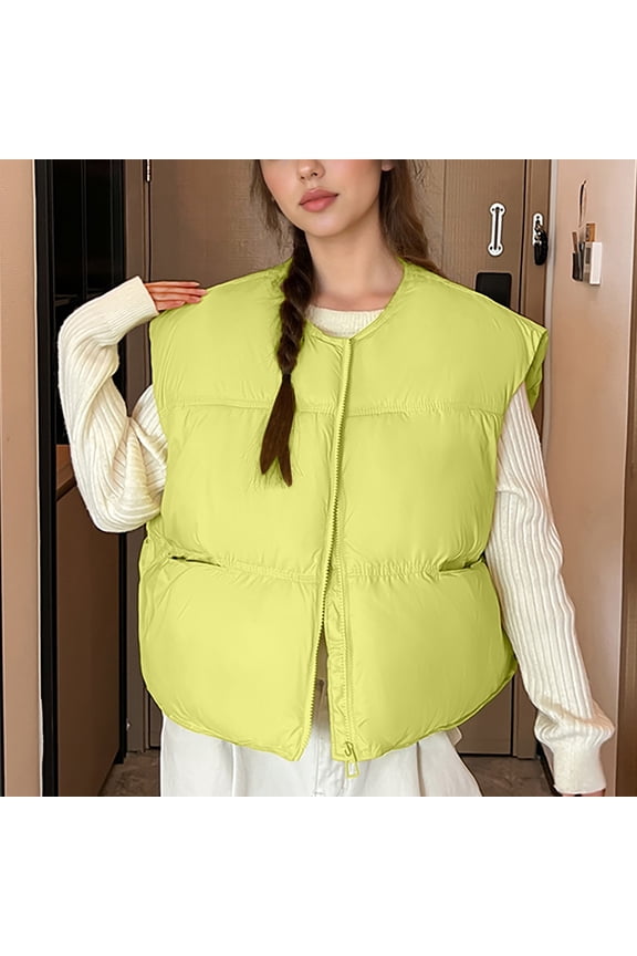 Puffer Vest for Women Sleeveless Winter Cropped Outerwear Warm Puffer Jackets Lightweight Stand-Up Collar Down with Pockets Womens Winter Ski Coats Waterproof Green,L