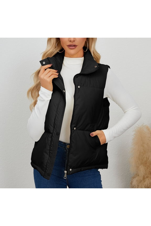 Puffer Vest Women Slim Fit Fall Zip up Jackets Lightweight Stand Collar Quilted Zip Puffer Vest with Pockets Womens Long Down Vest with Hood Black,S