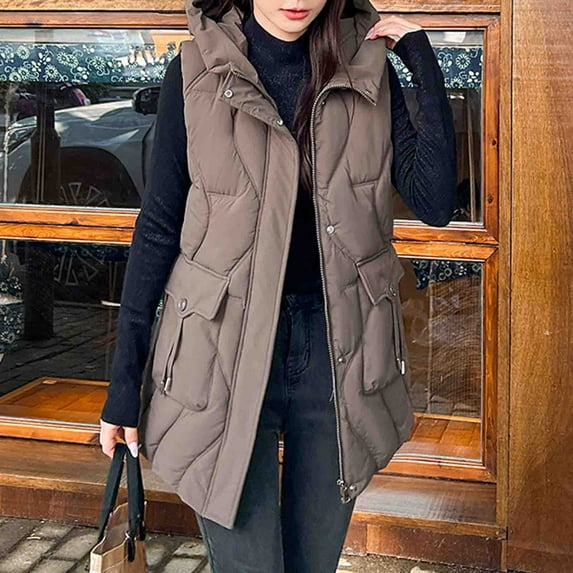UPPADA Puffer Vest for Women Solid Hooded Winter Sleeveless Down Coat Long Zip up Jacket Warm Puffer Coat Long Hooded Vest for Women Sleeveless Puffer Coffee,L