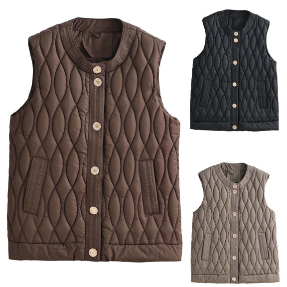 UPPADA Puffer Vest Womens Sleeveless Lightweight Quilted Jacket Dressy Winter Jackets Snap Zip up Stand Up Collar Down Outerwear with Pockets,Puffer Vest Women Cropped Black,XL