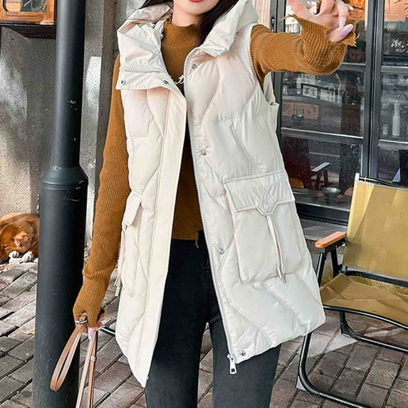 UPPADA Puffer Vest for Women Solid Hooded Winter Sleeveless Down Coat Long Zip up Jacket Warm Puffer Coat Down Vest for Women Brown White,L