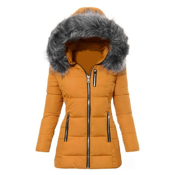 UPPADA Puffer Womens Warm Winter Coats Ladies Fleece Jackets Casual Fall Quilted Jacket Faux Fur Hooded Ski Jacket with Pockets,Waterproof Ski Jacket Women 3 In 1 Yellow,L