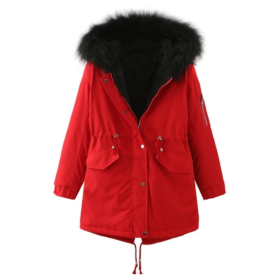 UPPADA Puffer Womens Warm Winter Coats Ladies Fleece Jackets Casual Fall Quilted Jacket Faux Fur Hooded Ski Jacket with Pockets,Women Winter Red,XL